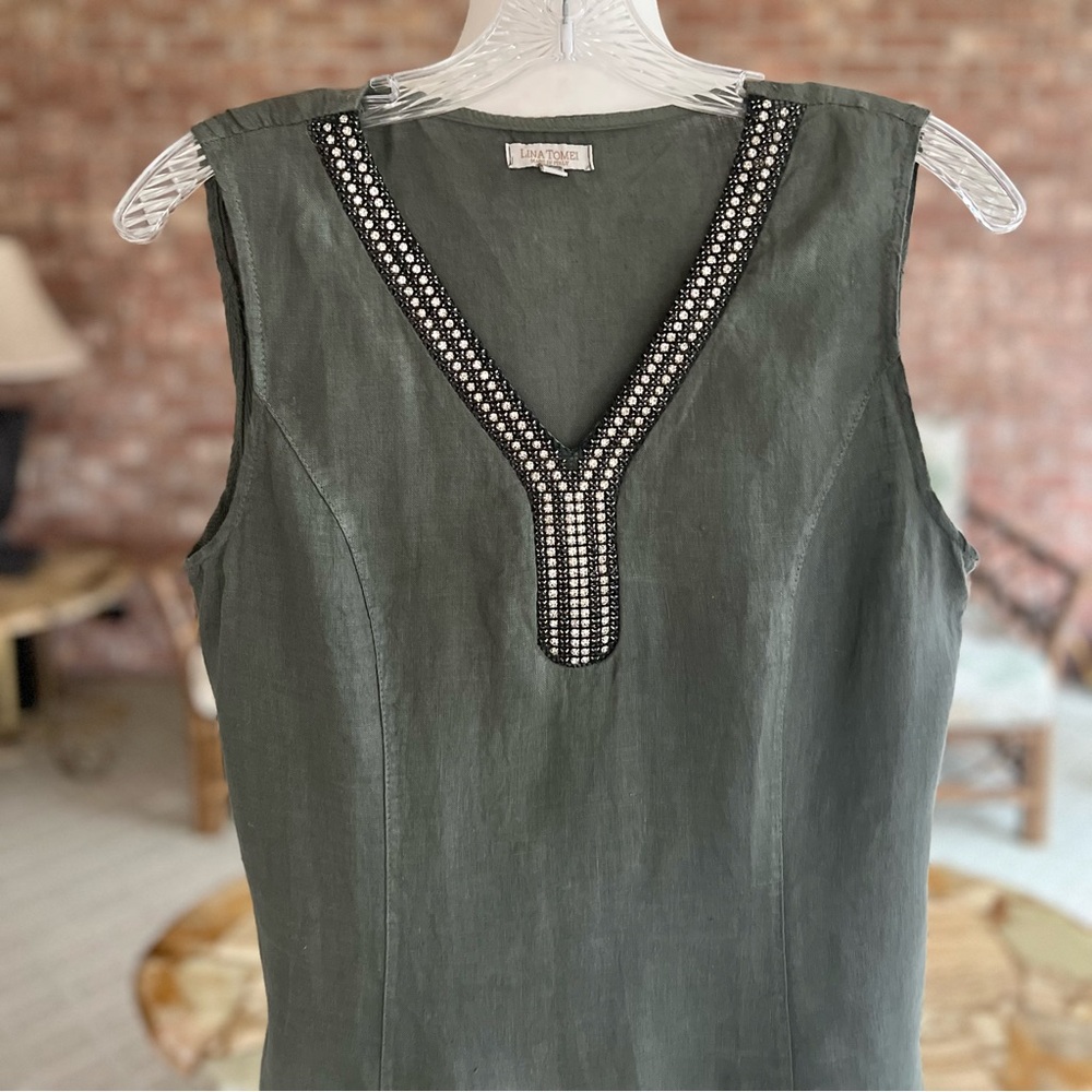 Lina Tomei Italy Dress Green Linen Rhinestone Beaded Neck Sheath Mini S Chic - Picture 4 of 13